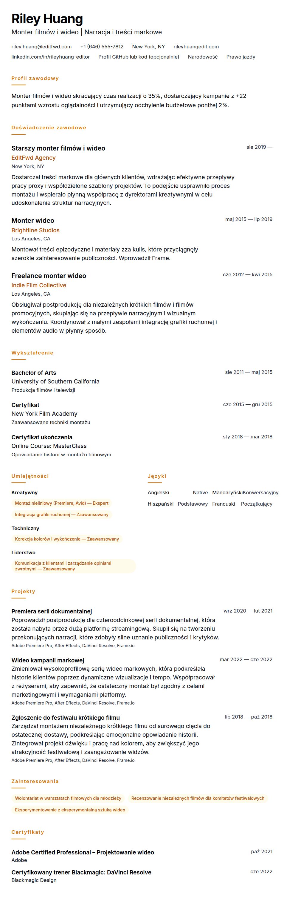 Podgląd CV Przykładowe CV montera filmów i wideo