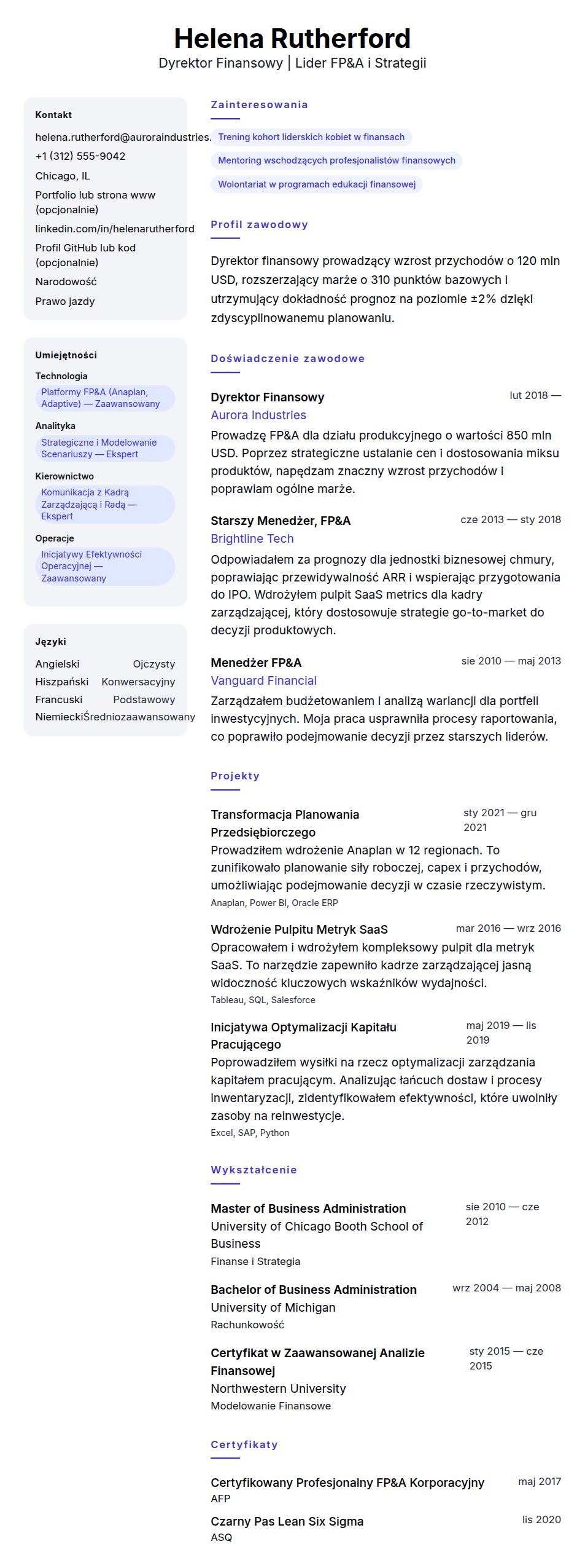 Podgląd CV Przykładowe CV Dyrektora Finansowego