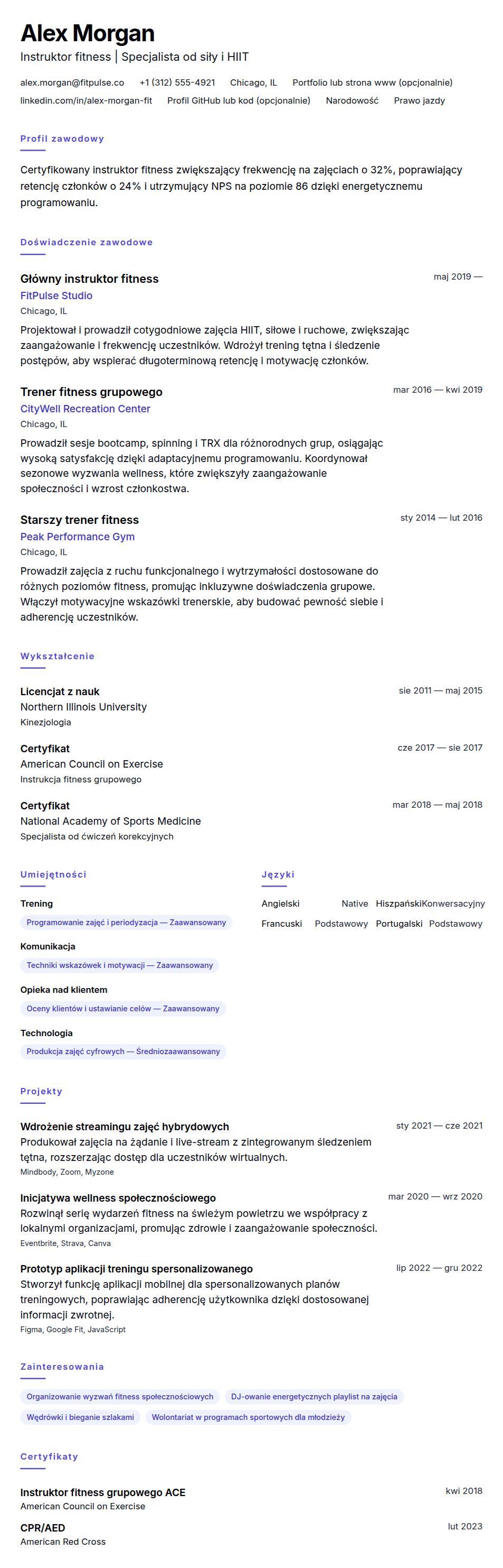 Podgląd CV Przykład CV instruktora fitness