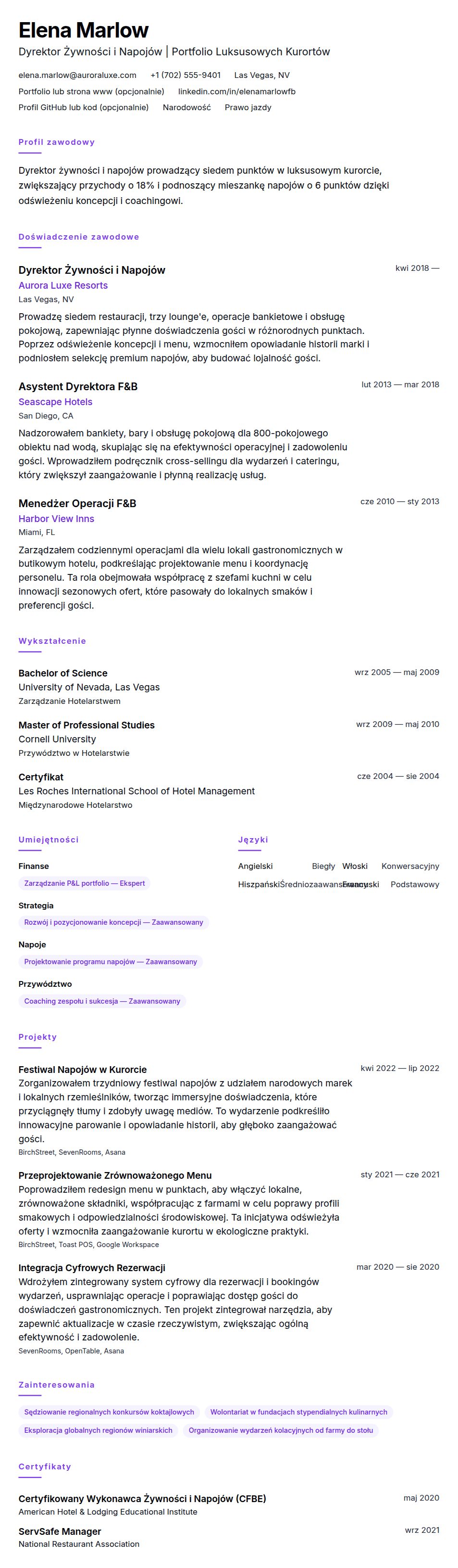Podgląd CV Przykładowe CV Dyrektora Żywności i Napojów