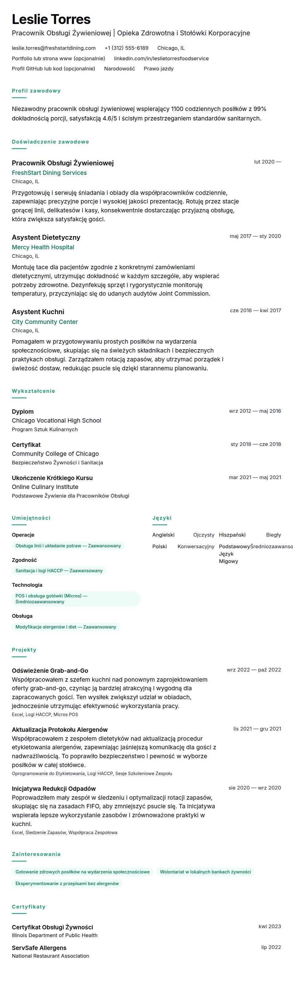 Podgląd CV Przykładowe CV Pracownika Obsługi Żywieniowej