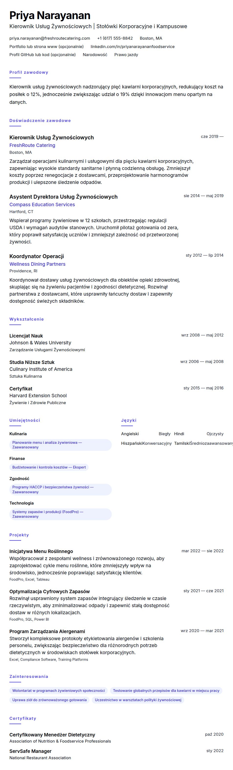 Podgląd CV Przykład CV Kierownika Usług Żywnościowych