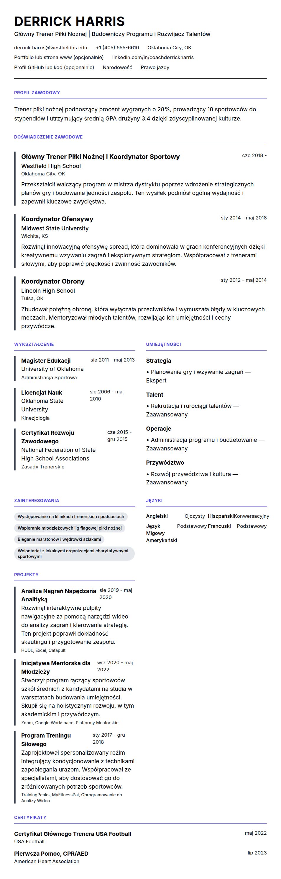 Podgląd CV Przykładowe CV Trenera Piłki Nożnej