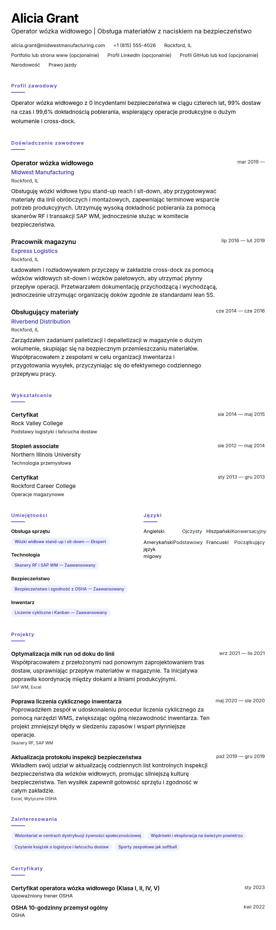 Podgląd CV Przykład CV operatora wózka widłowego