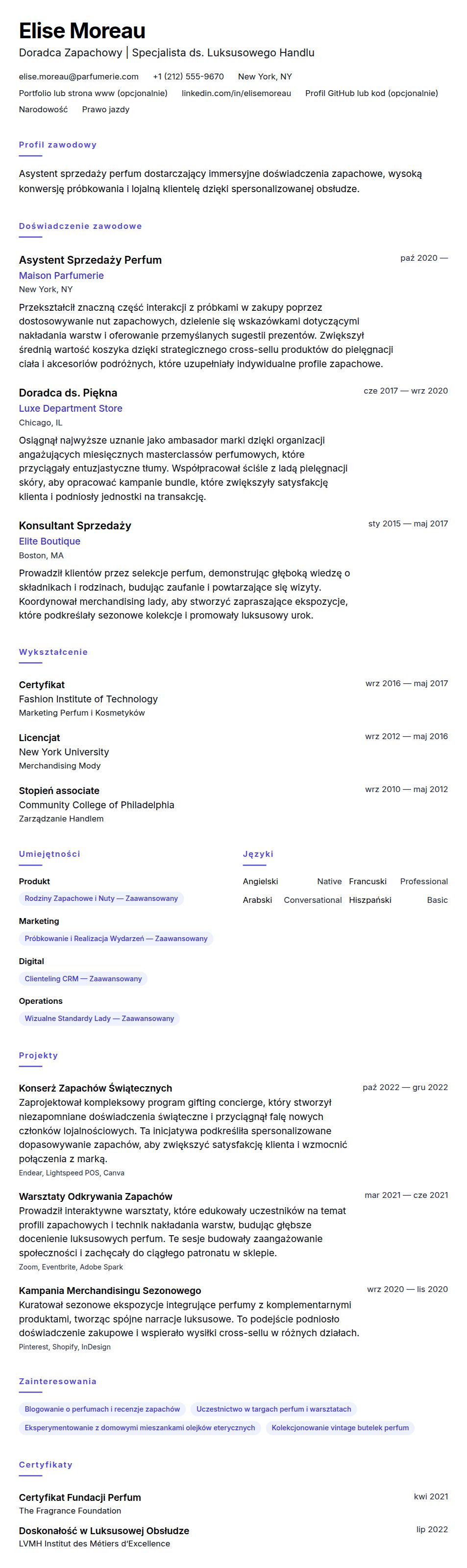Podgląd CV Przykład CV Asystenta Sprzedaży Perfum