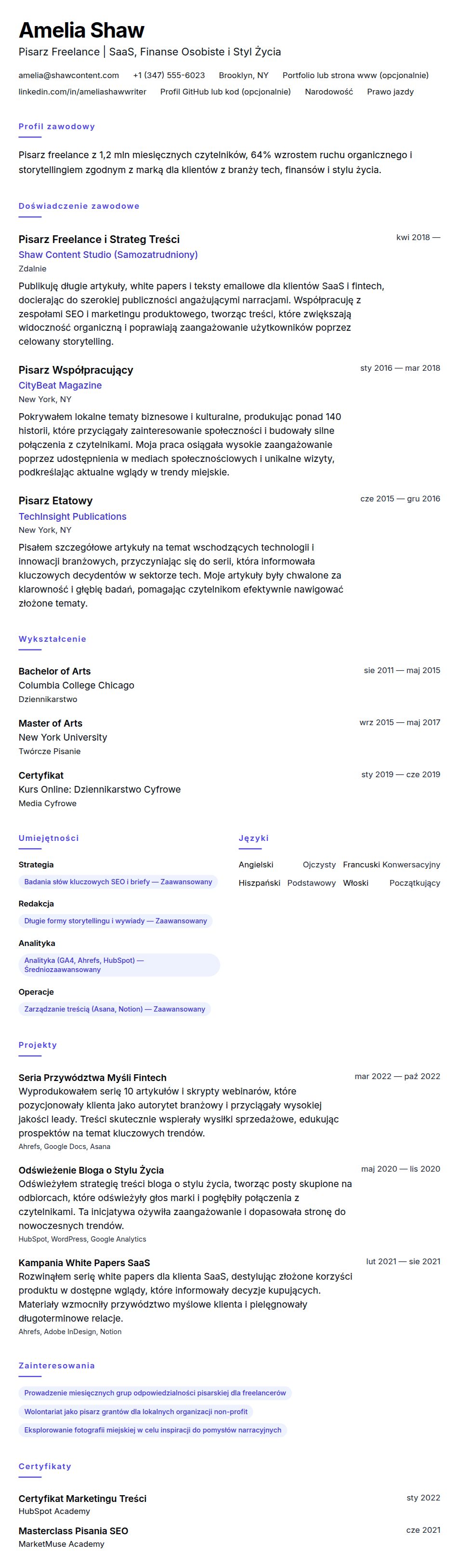 Podgląd CV Przykład CV Pisarza Freelance