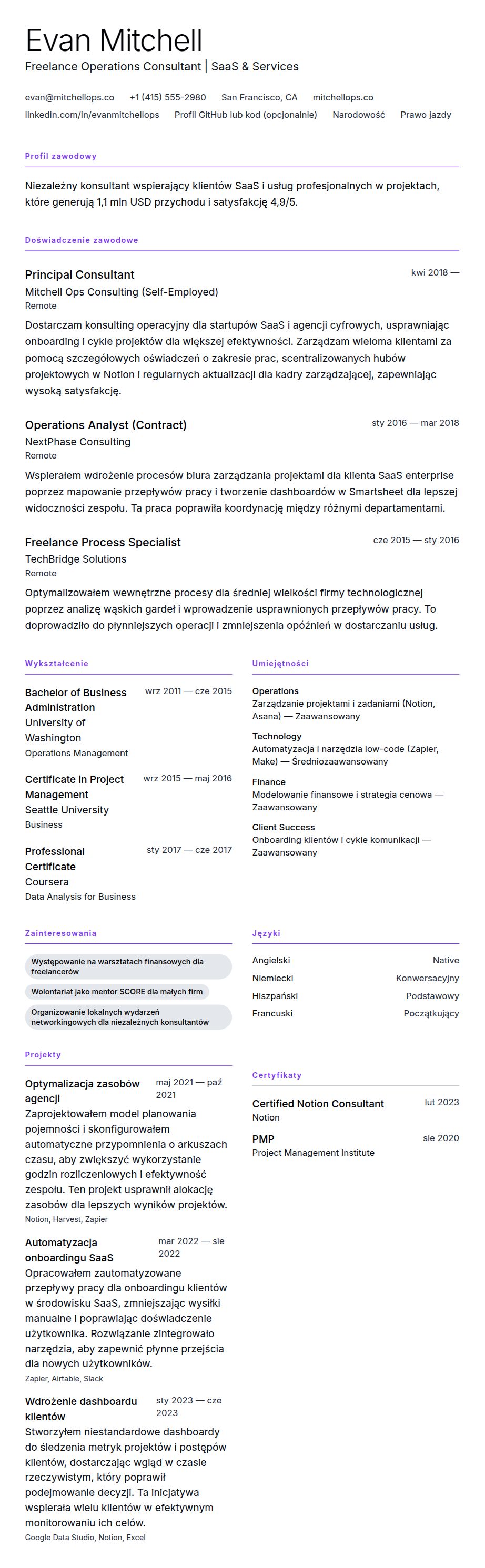 Przykład CV freelancera
