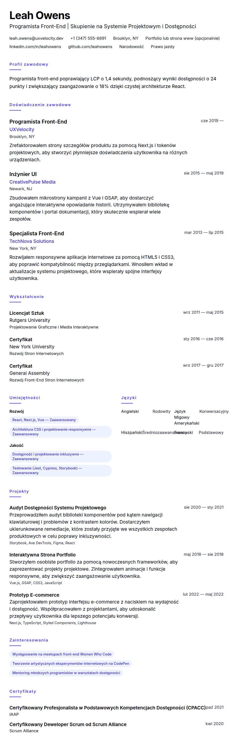 Podgląd CV Przykładowe CV Programisty Front-End