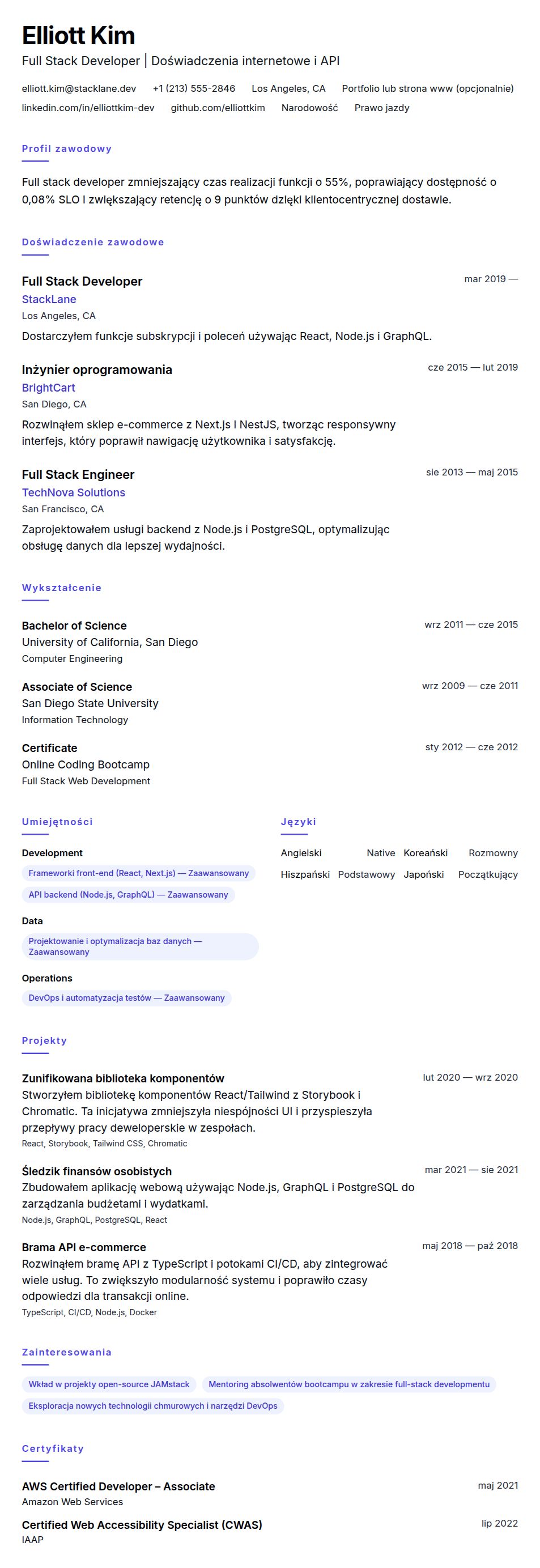 Przykład CV Full Stack Developera