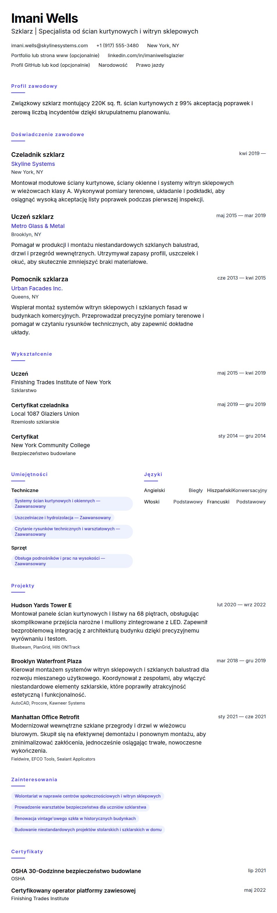 Podgląd CV Przykładowe CV szklarza