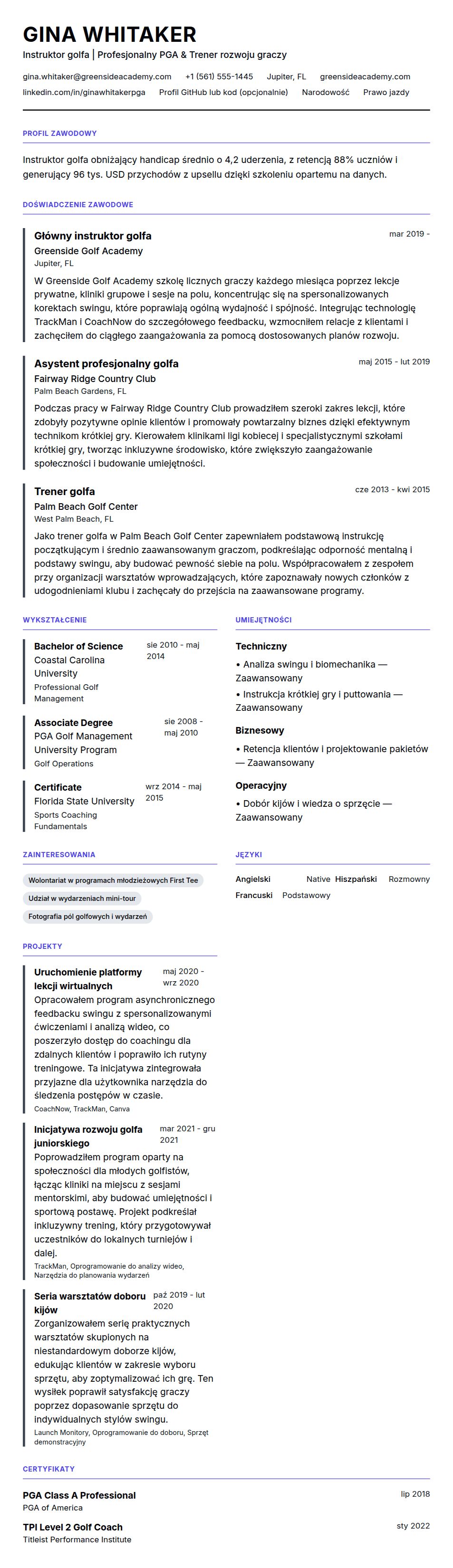 Podgląd CV Przykład CV instruktora golfa