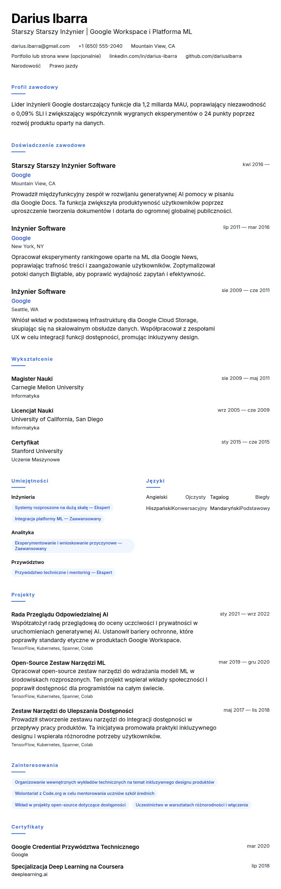 Podgląd CV Przykład CV Google