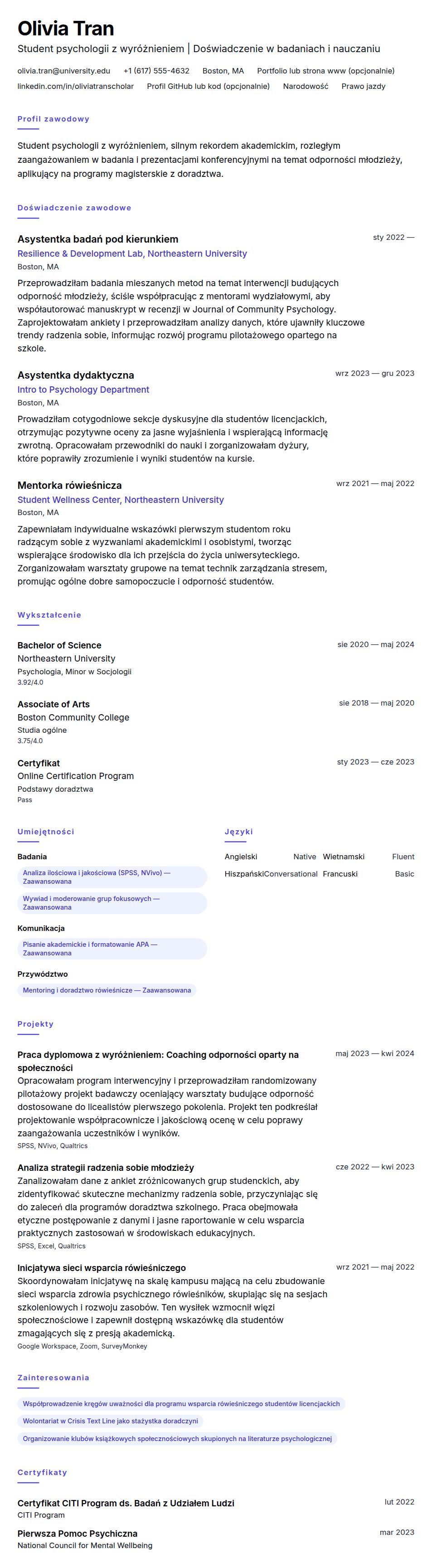 Podgląd CV Przykład CV dla aplikanta na studia magisterskie