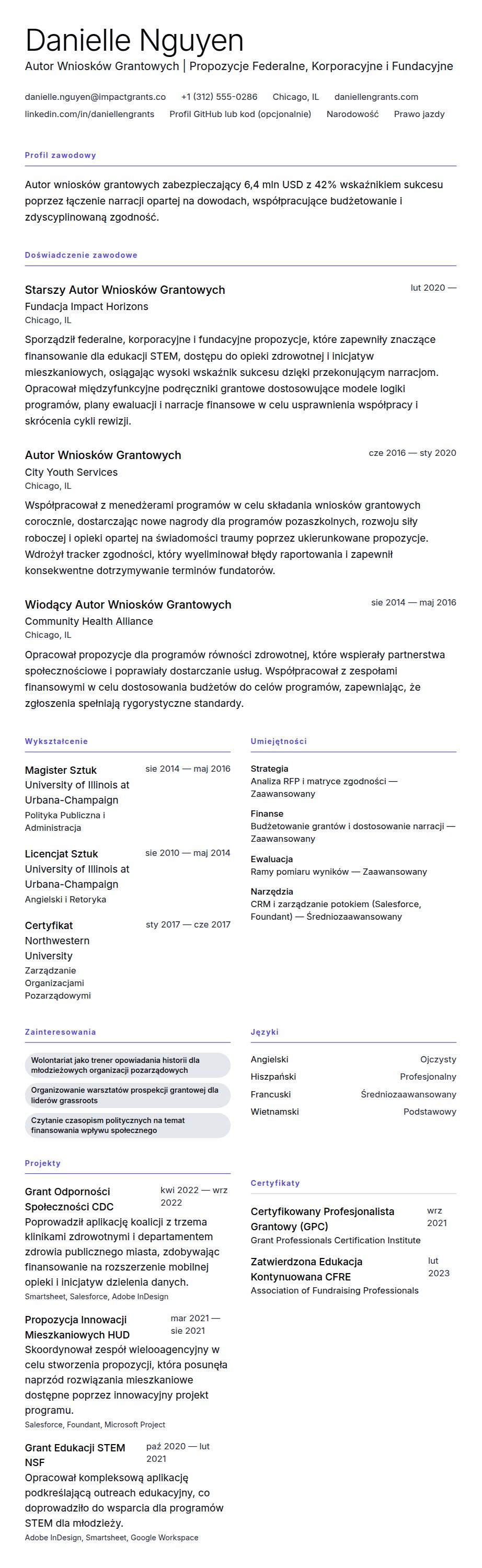 Przykładowe CV Autora Wniosków Grantowych