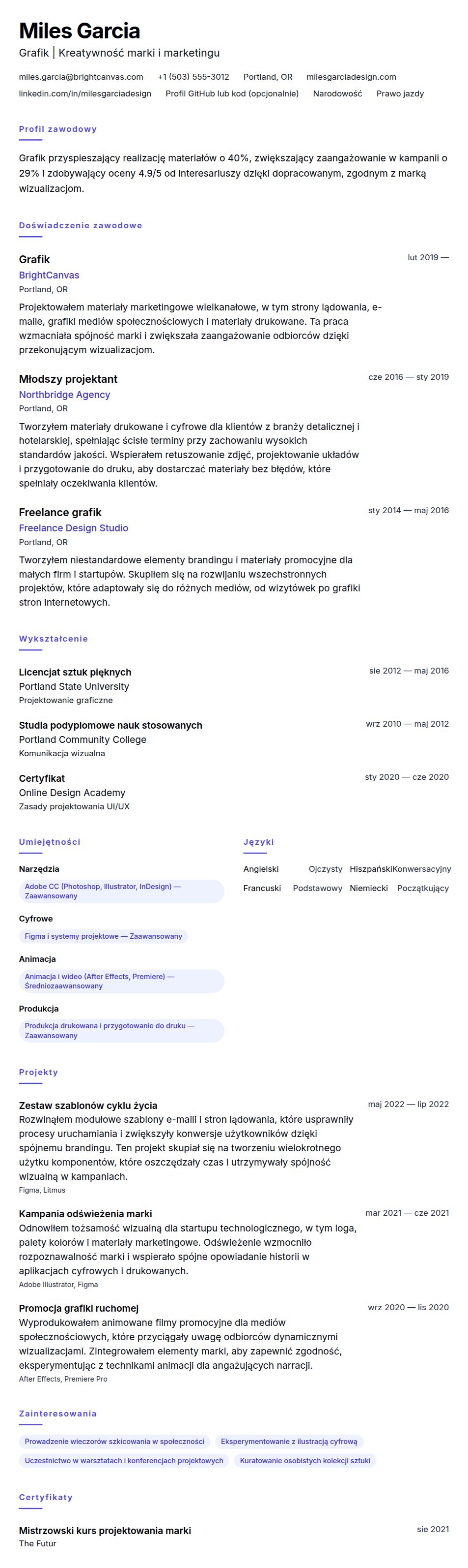 Podgląd CV Przykładowe CV grafika