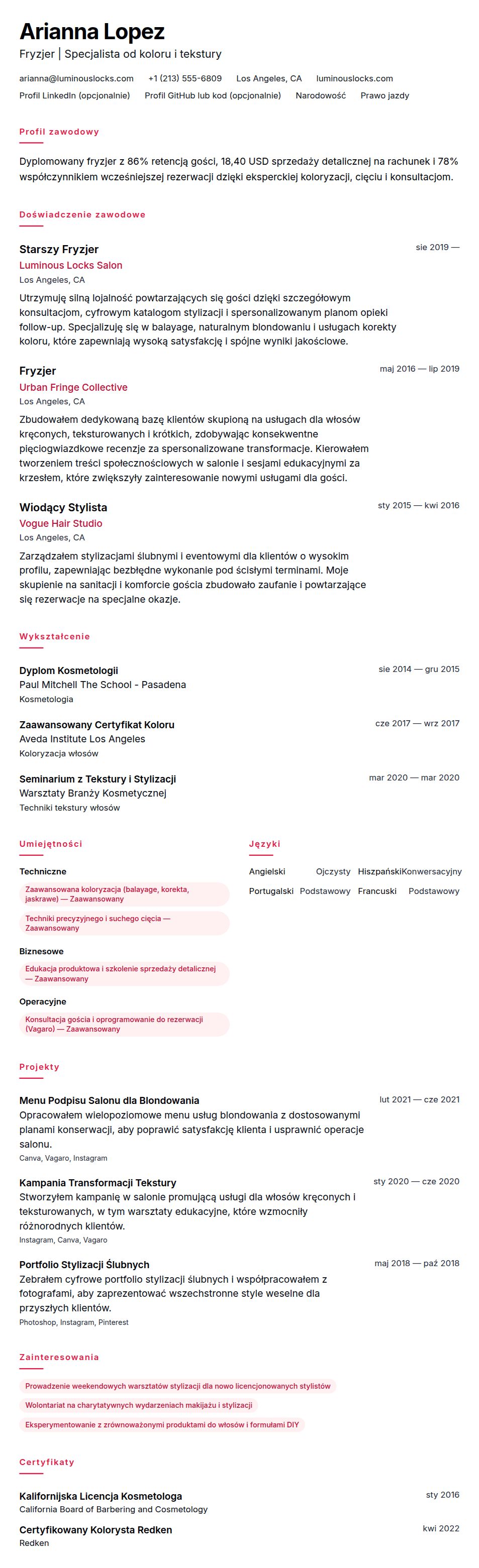 Przykładowe CV Fryzjera
