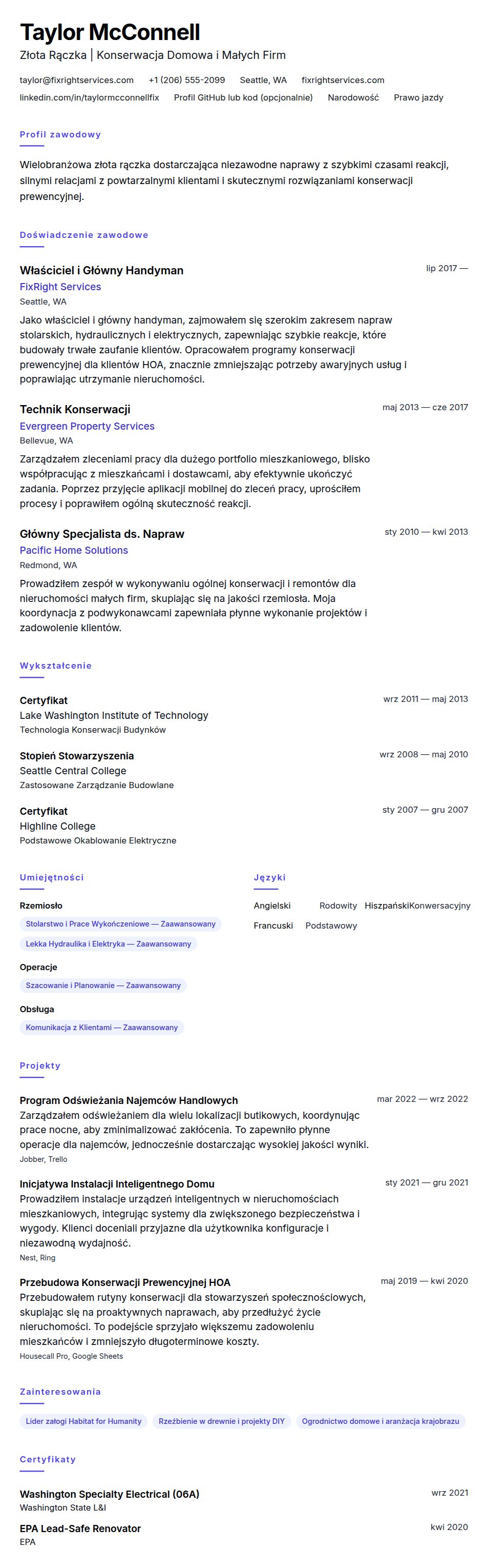 Podgląd CV Przykład CV Złotej Rączki