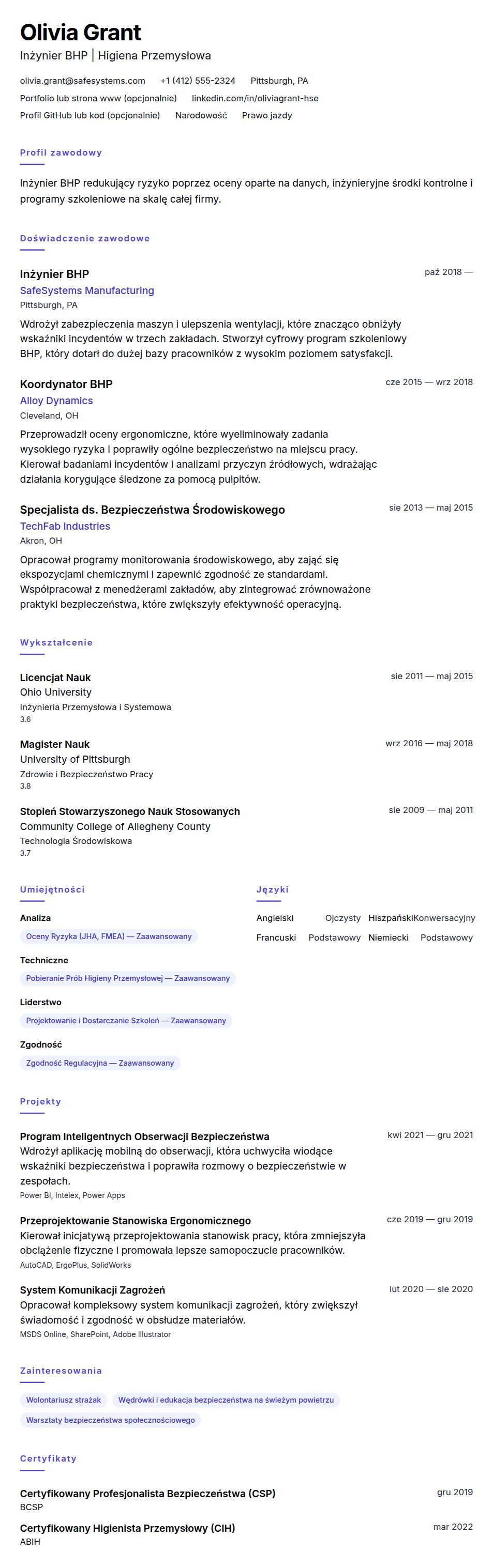 Podgląd CV Przykładowe CV inżyniera BHP