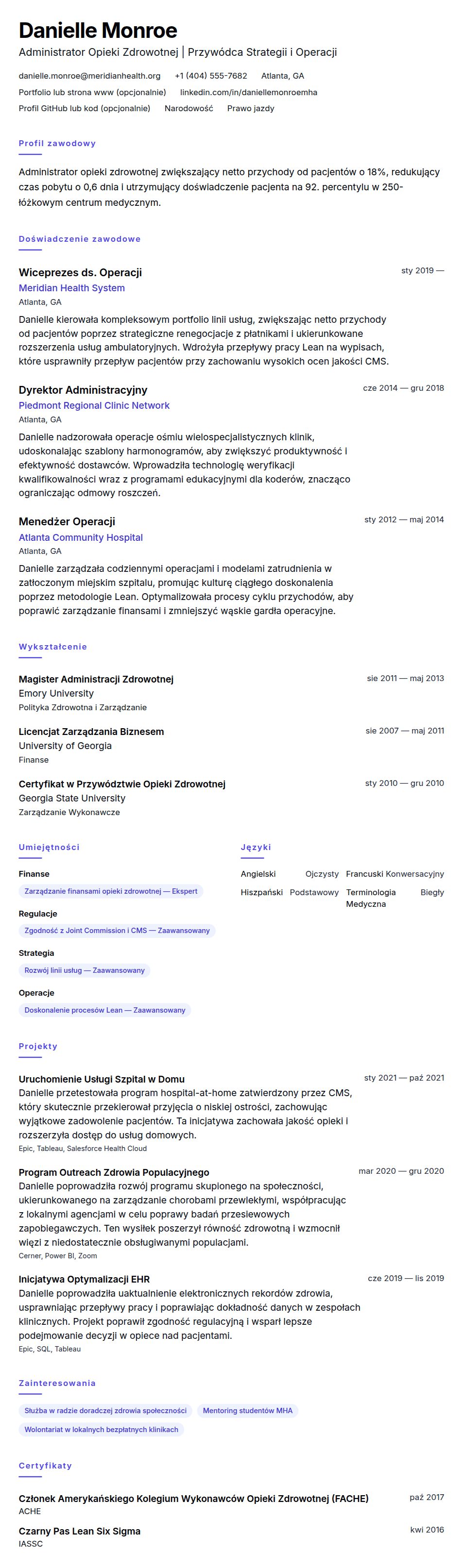 Podgląd CV Przykład CV w Administracji Opieki Zdrowotnej