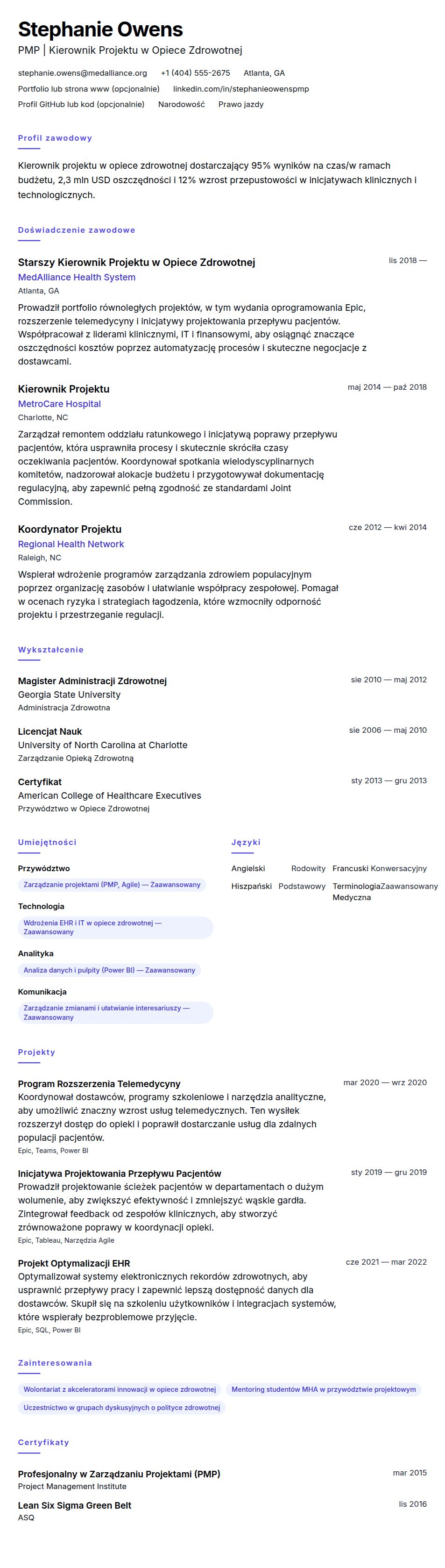 Podgląd CV Przykładowe CV Kierownika Projektu w Opiece Zdrowotnej