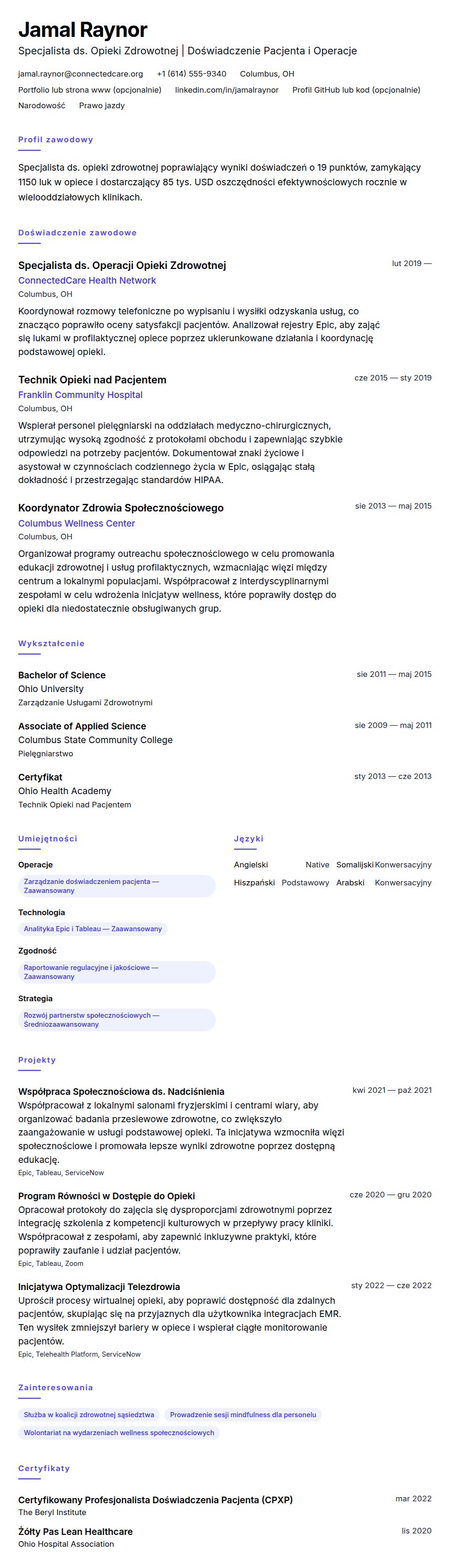 Podgląd CV Przykładowe CV Specjalisty ds. Opieki Zdrowotnej