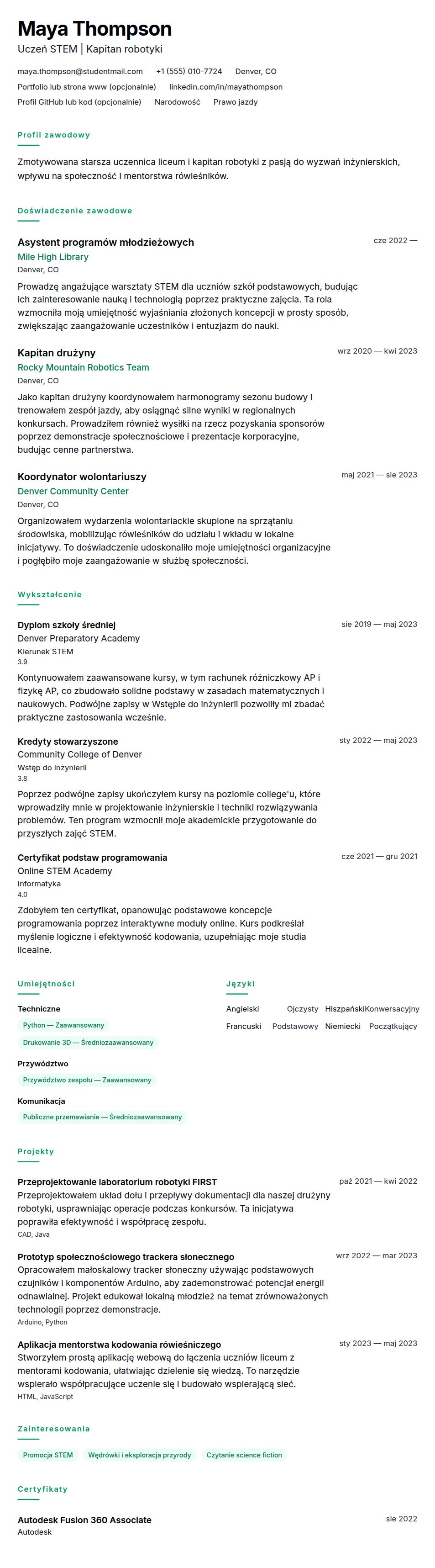 Podgląd CV Przykład CV Ucznia Szkoły Średniej