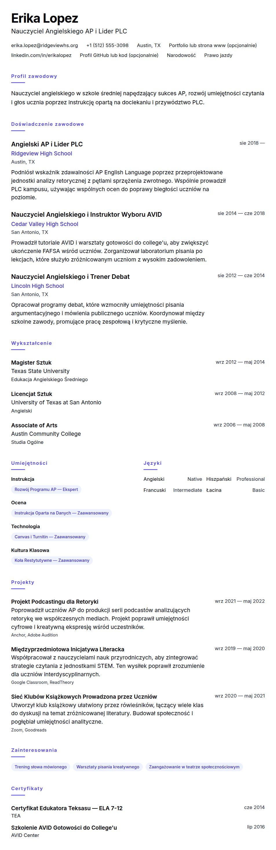 Podgląd CV Przykład CV Nauczyciela Szkoły Średniej