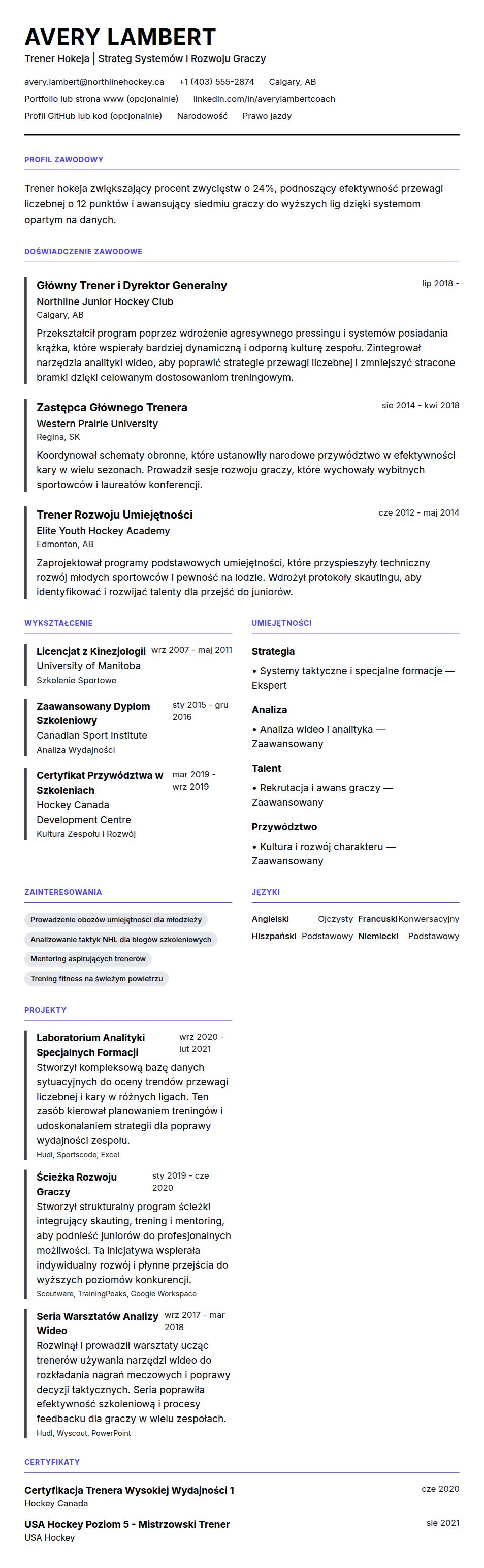 Przykładowe CV Trenera Hokeja