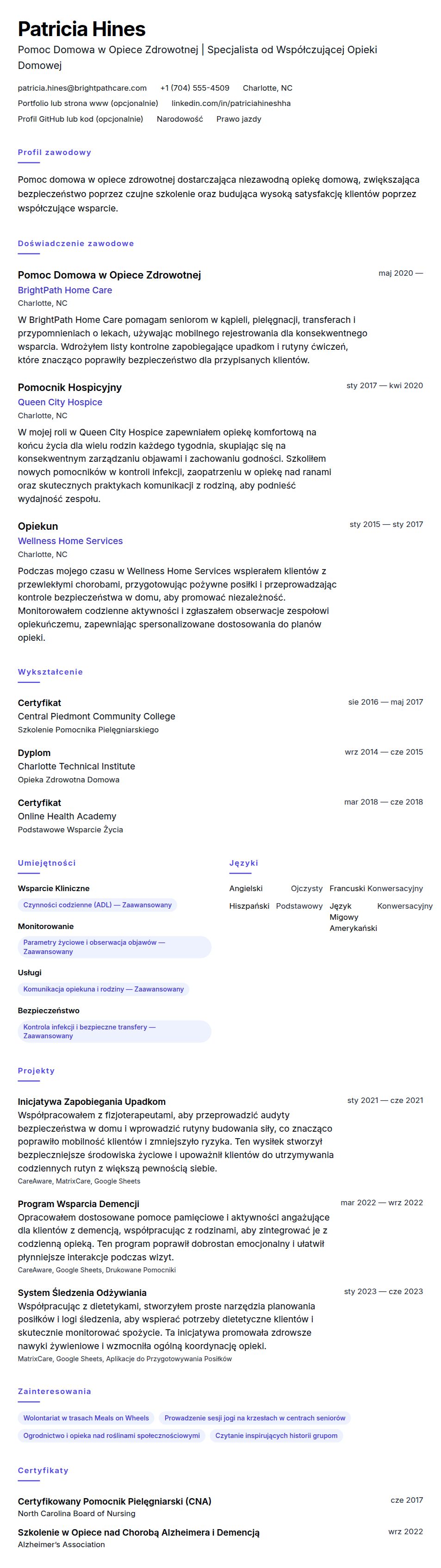 Podgląd CV Przykładowe CV Pomocy Domowej w Opiece Zdrowotnej