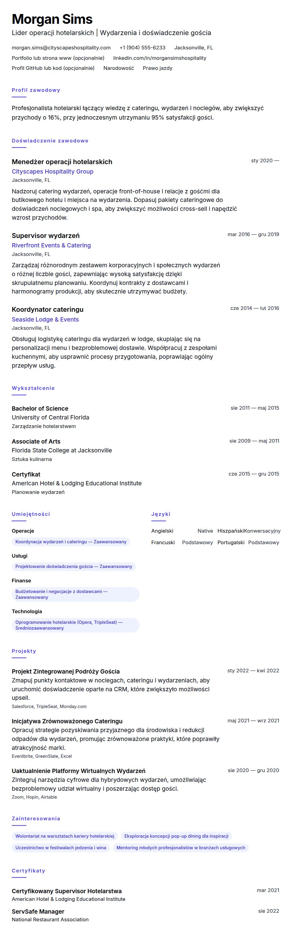 Podgląd CV Przykładowe CV specjalisty w dziedzinie hotelarstwa i cateringu