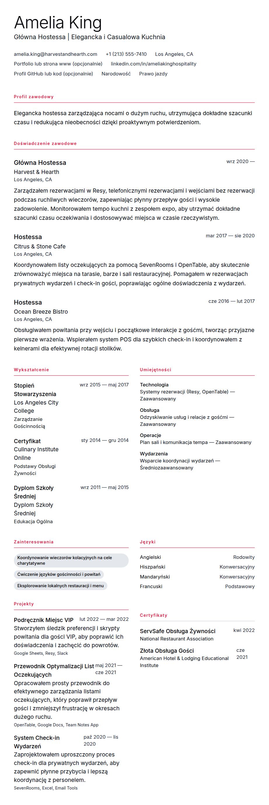 Podgląd CV Przykład CV Hostessy