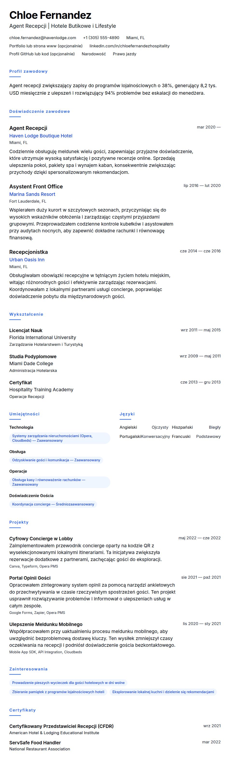 Podgląd CV Przykładowe CV Pracownika Recepcji Hotelowej