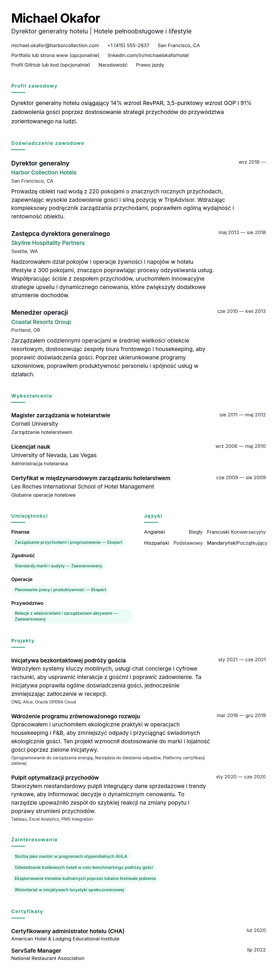 Podgląd CV Przykładowe CV zarządzania hotelem
