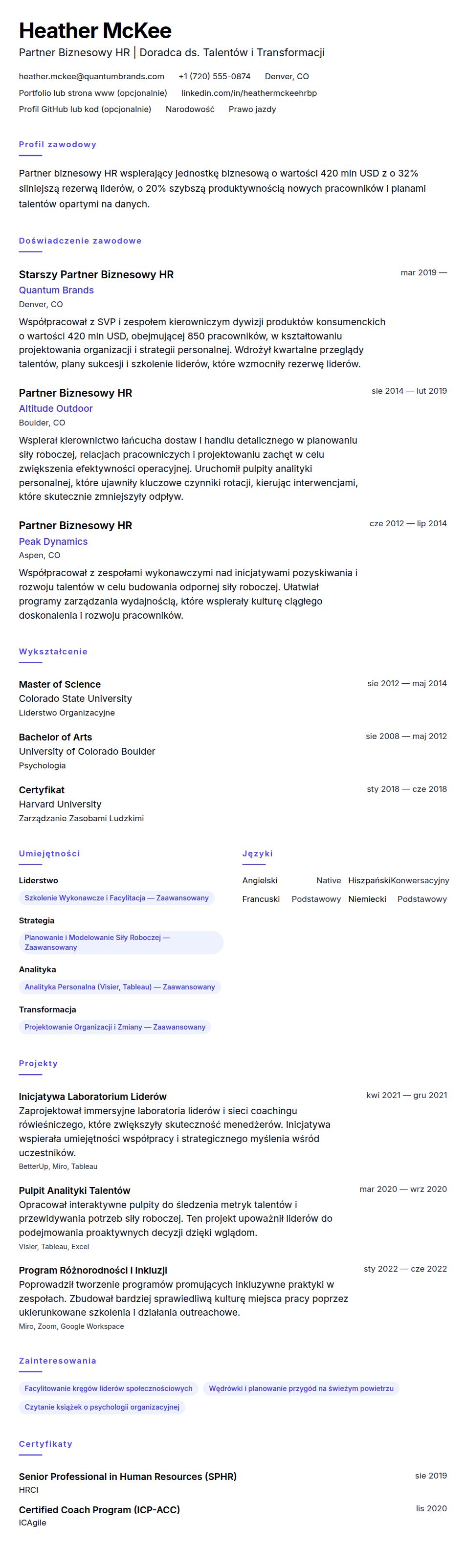 Przykładowe CV Partnera Biznesowego HR
