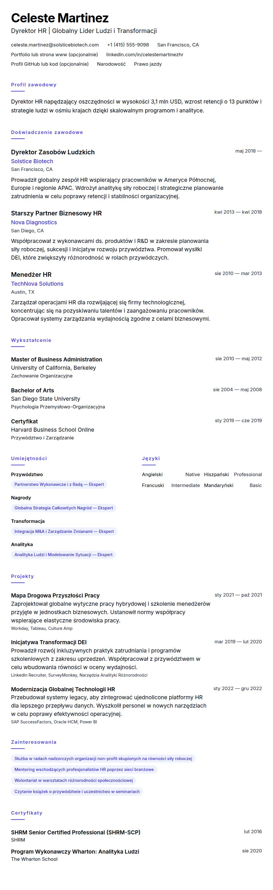 Podgląd CV Przykładowe CV Dyrektora HR