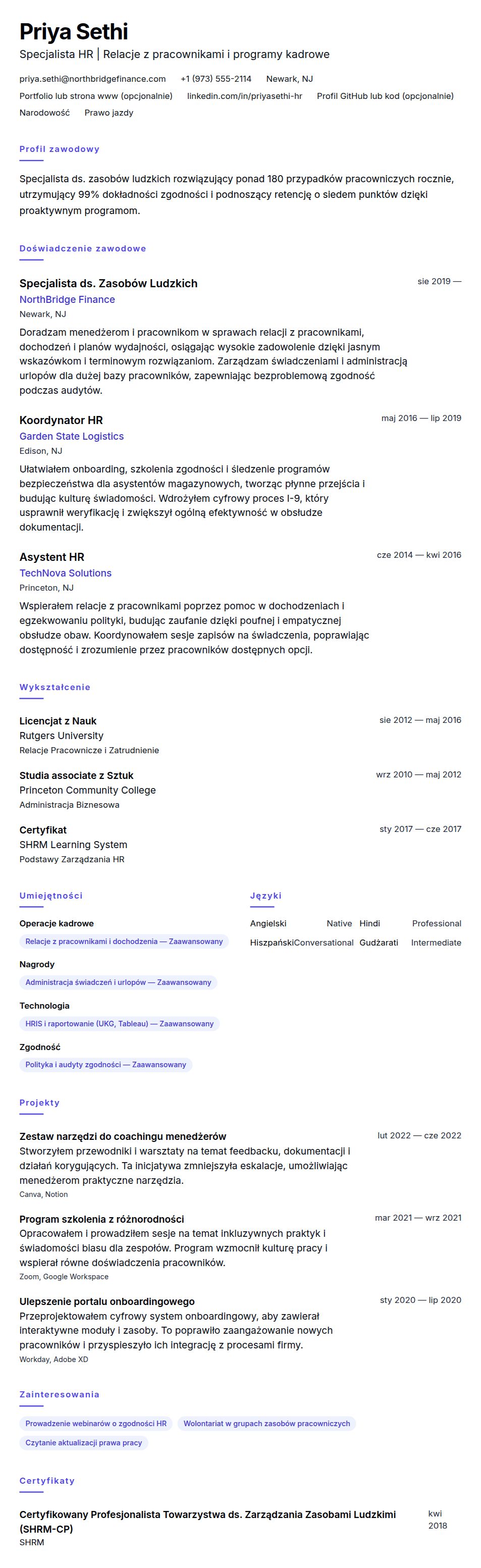 Przykład CV Specjalisty ds. Zasobów Ludzkich