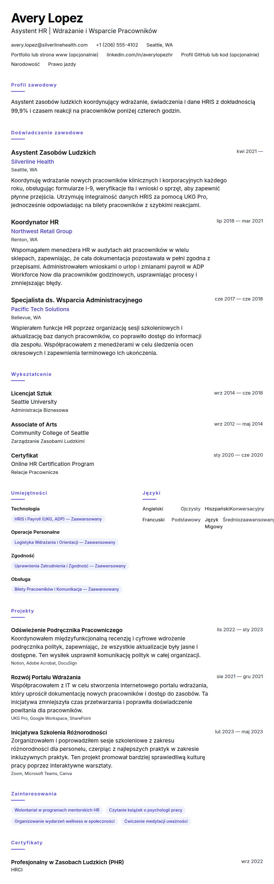 Podgląd CV Przykładowe CV Asystenta Zasobów Ludzkich