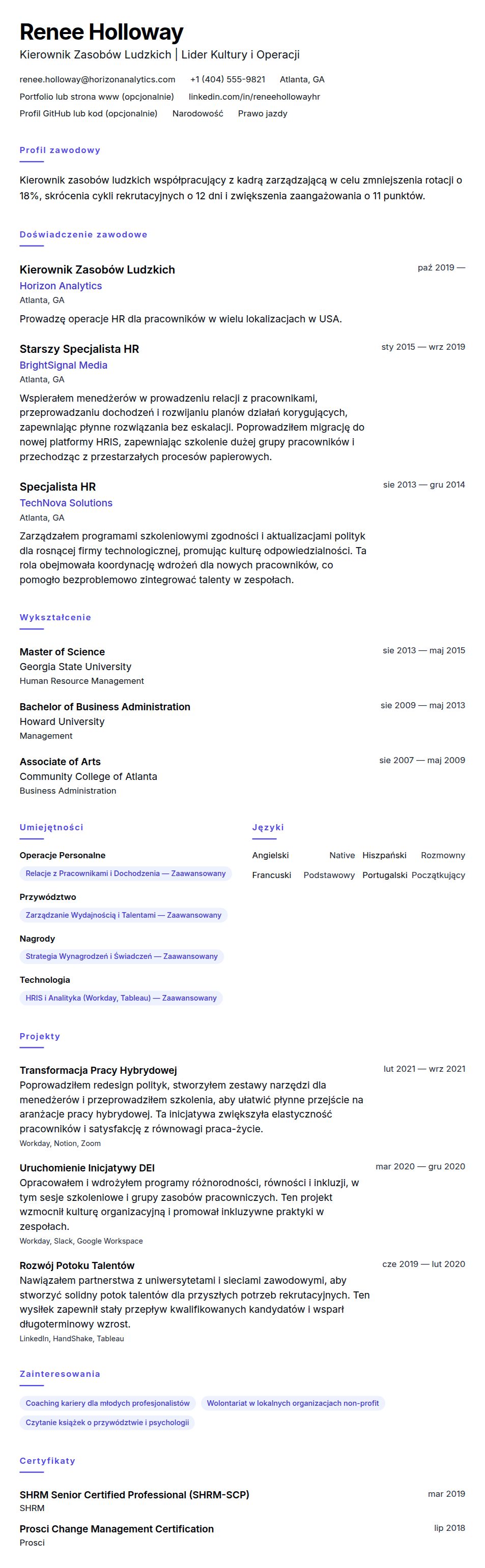 Podgląd CV Przykładowe CV Kierownika Zasobów Ludzkich
