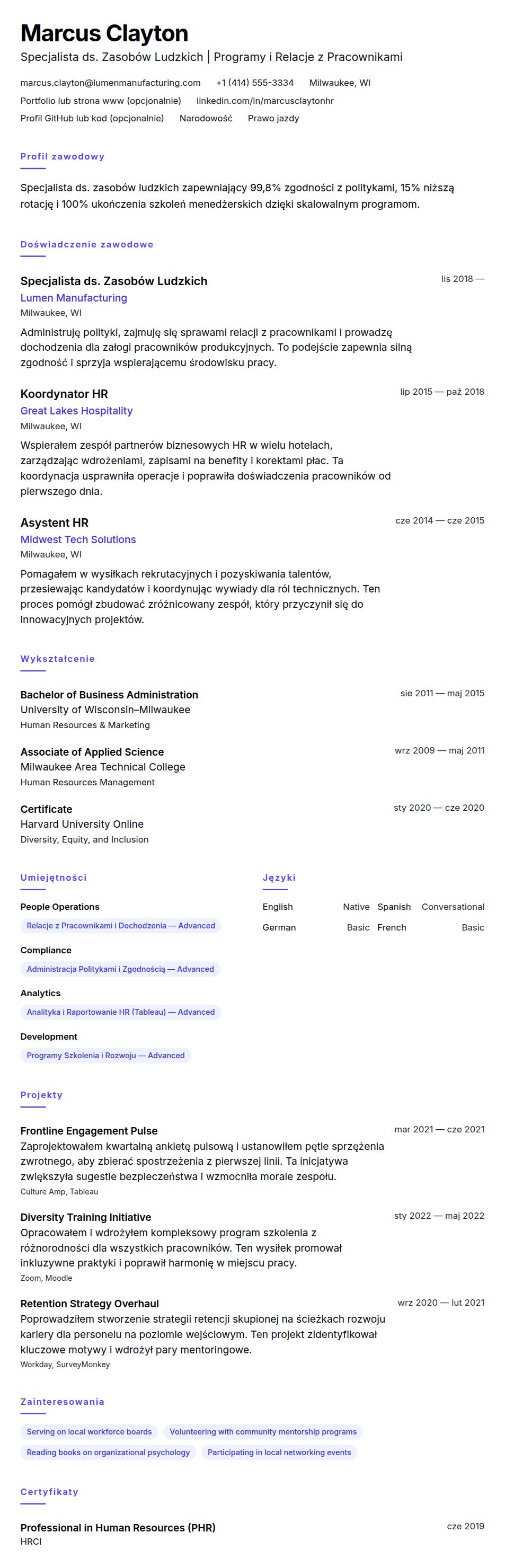 Podgląd CV Przykład CV Specjalisty ds. Zasobów Ludzkich