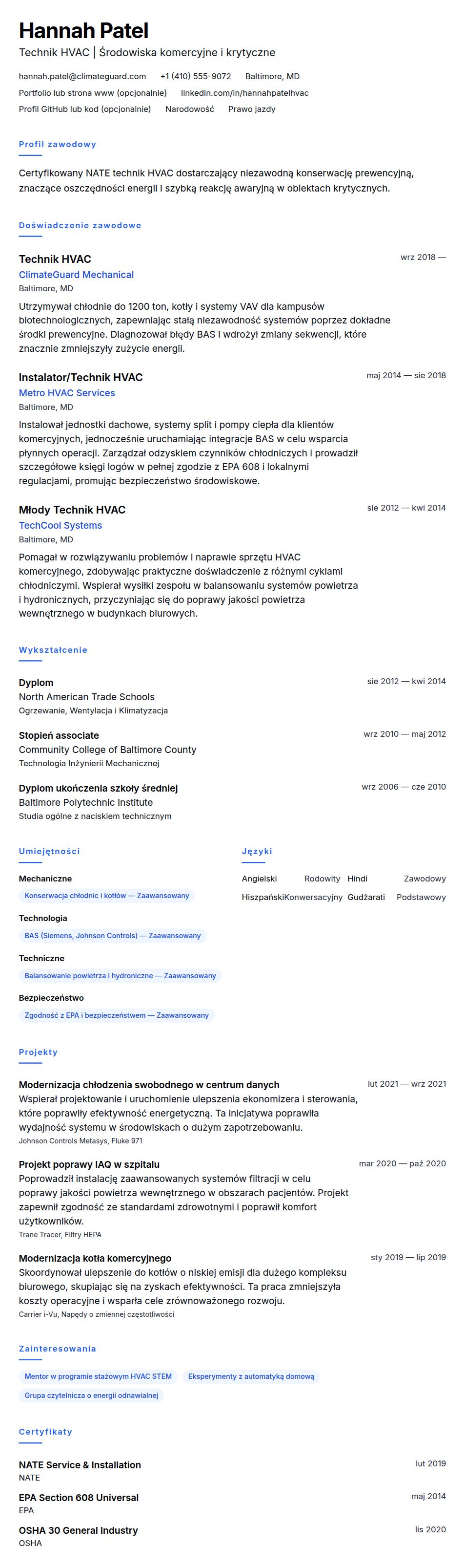 Przykładowe CV Technika HVAC