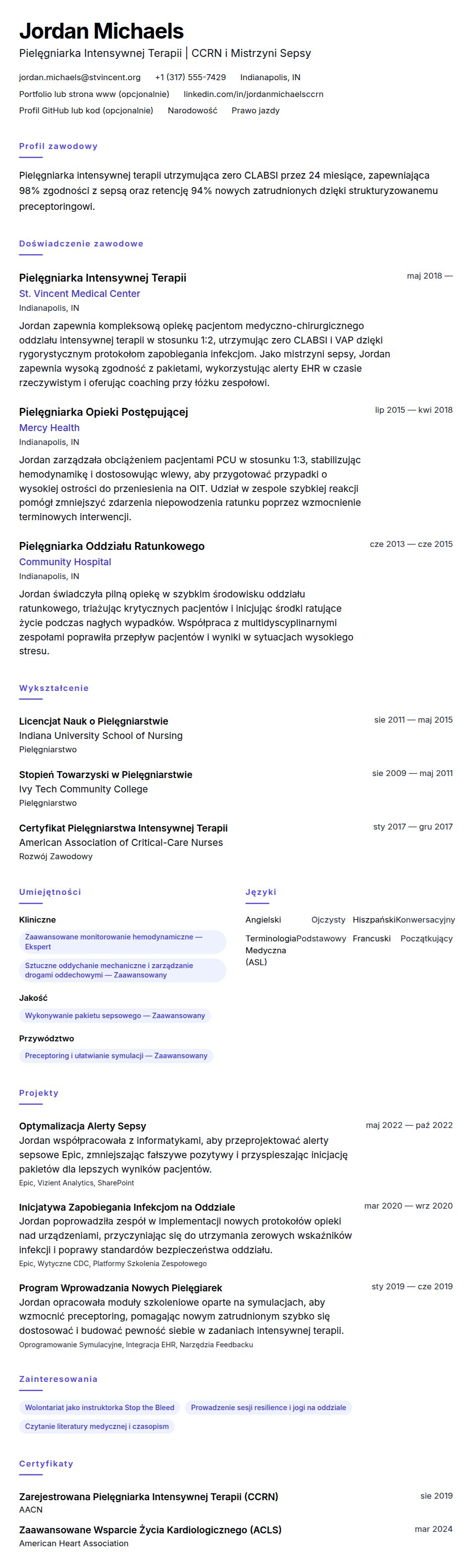 Podgląd CV Przykładowe CV Pielęgniarki Intensywnej Terapii