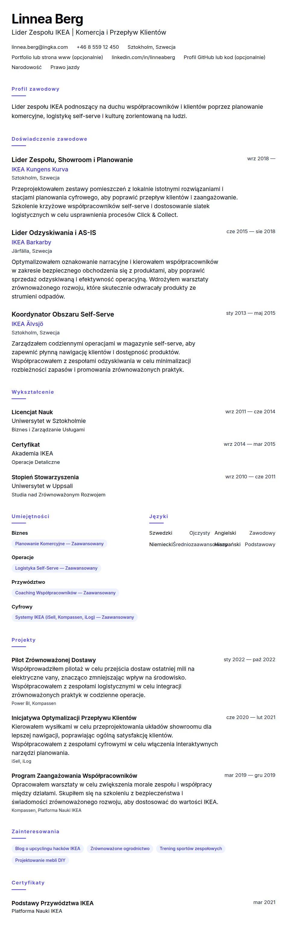 Podgląd CV Przykładowe CV Lidera Zespołu IKEA