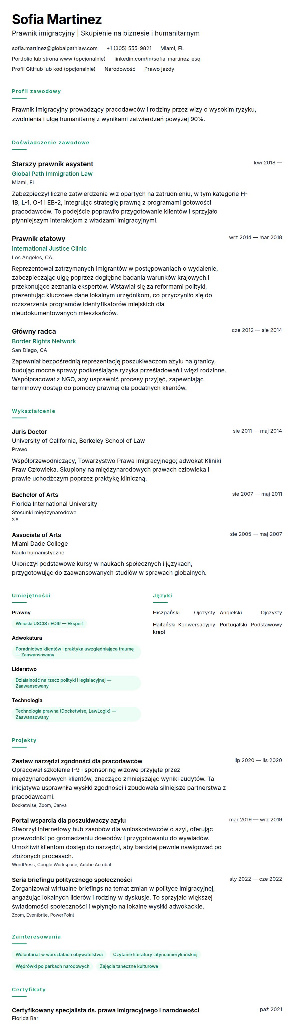 Podgląd CV Przykładowe CV prawnika imigracyjnego
