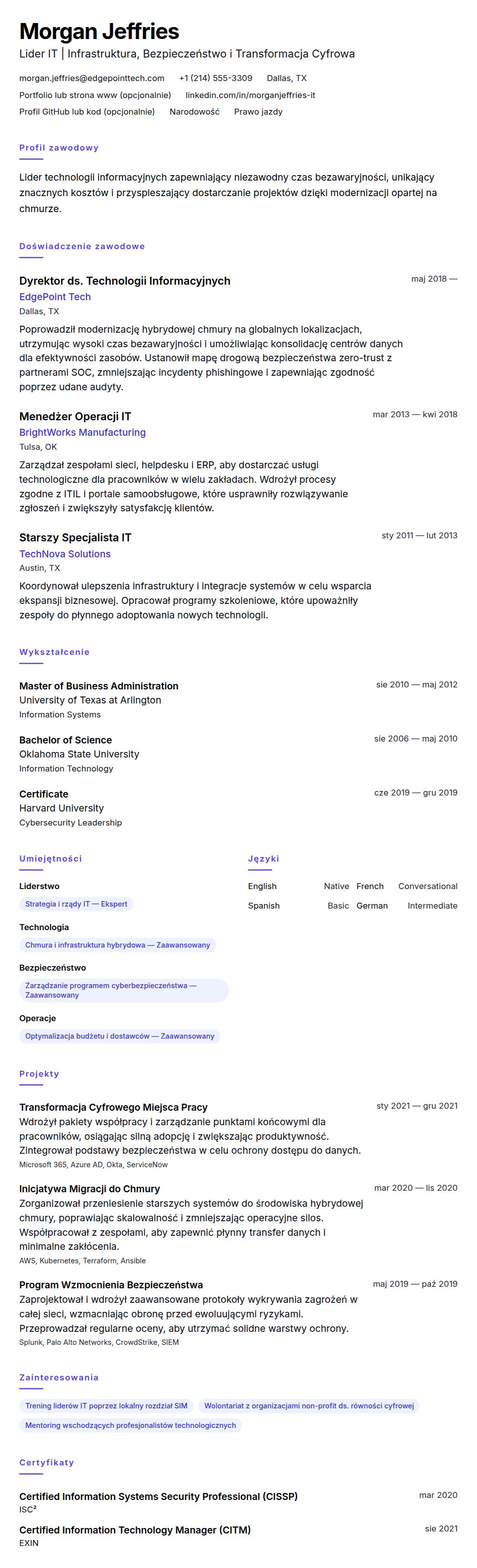 Podgląd CV Przykładowe CV Specjalisty ds. Technologii Informacyjnych