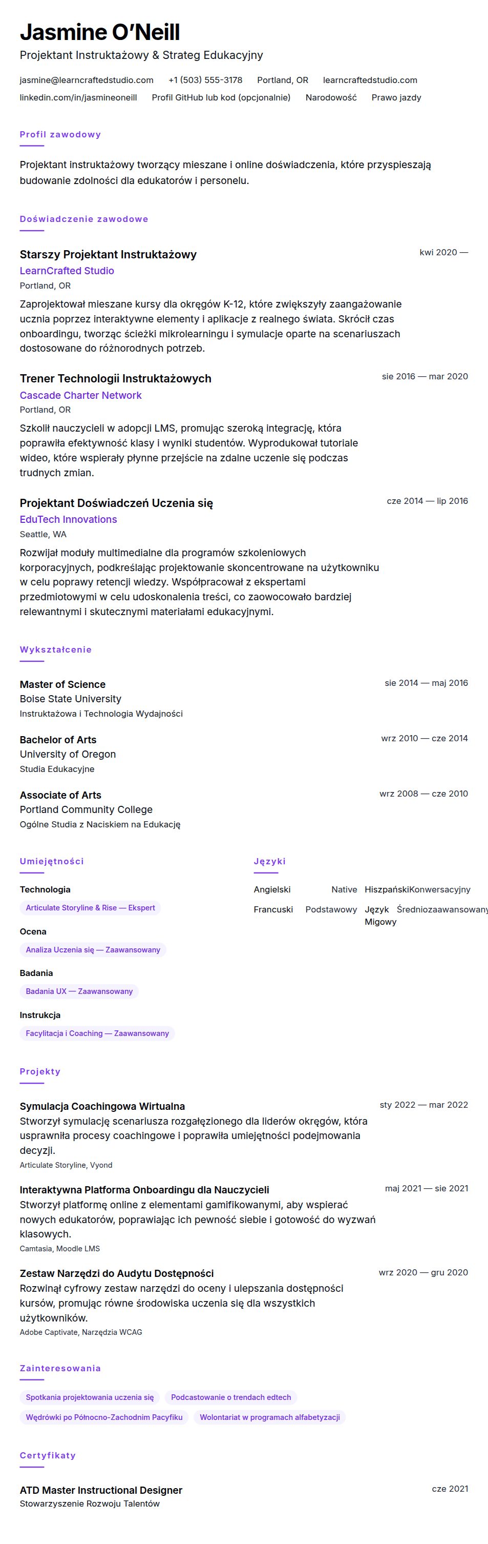 Podgląd CV Przykład CV Projektanta Instruktażowego