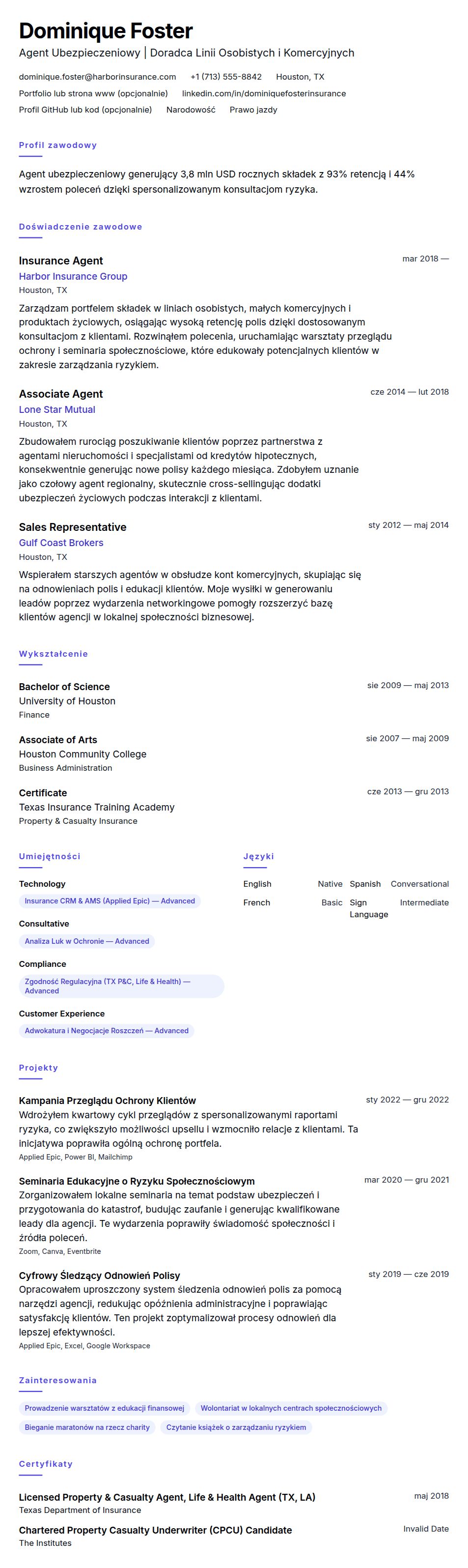 Podgląd CV Przykład CV Agenta Ubezpieczeniowego