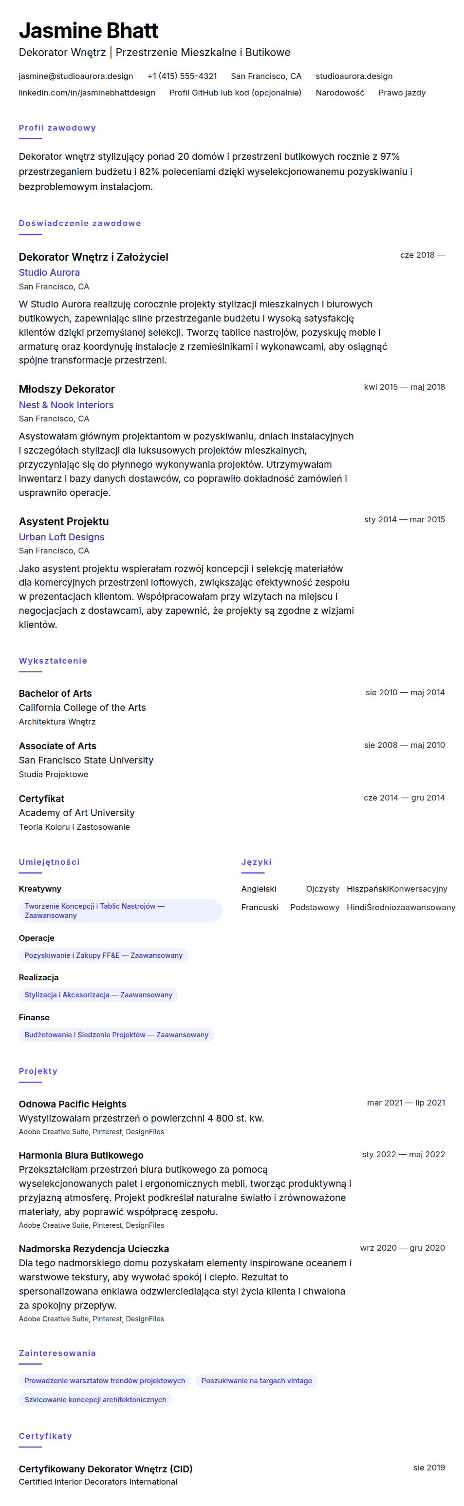 Podgląd CV Przykładowe CV Dekoratora Wnętrz
