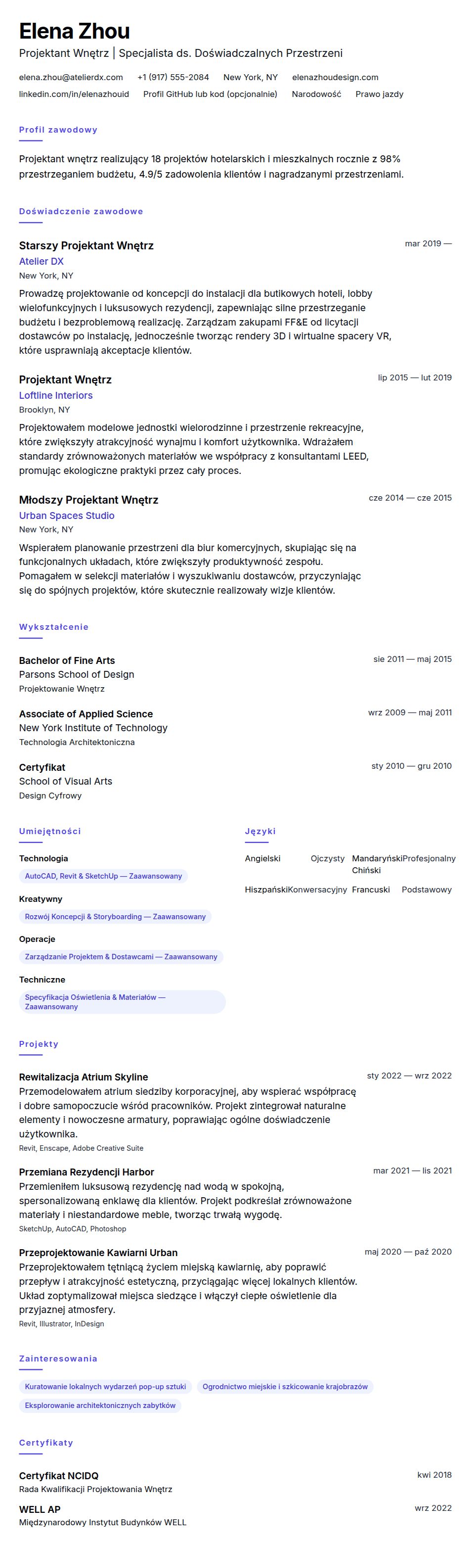 Przykład CV Projektanta Wnętrz