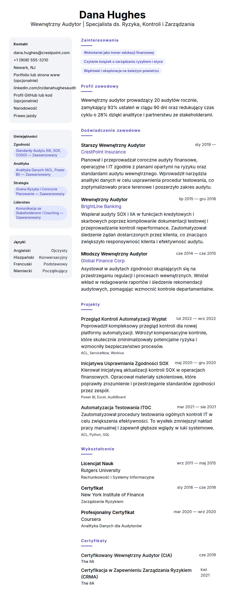 Przykładowe CV Wewnętrznego Audytora