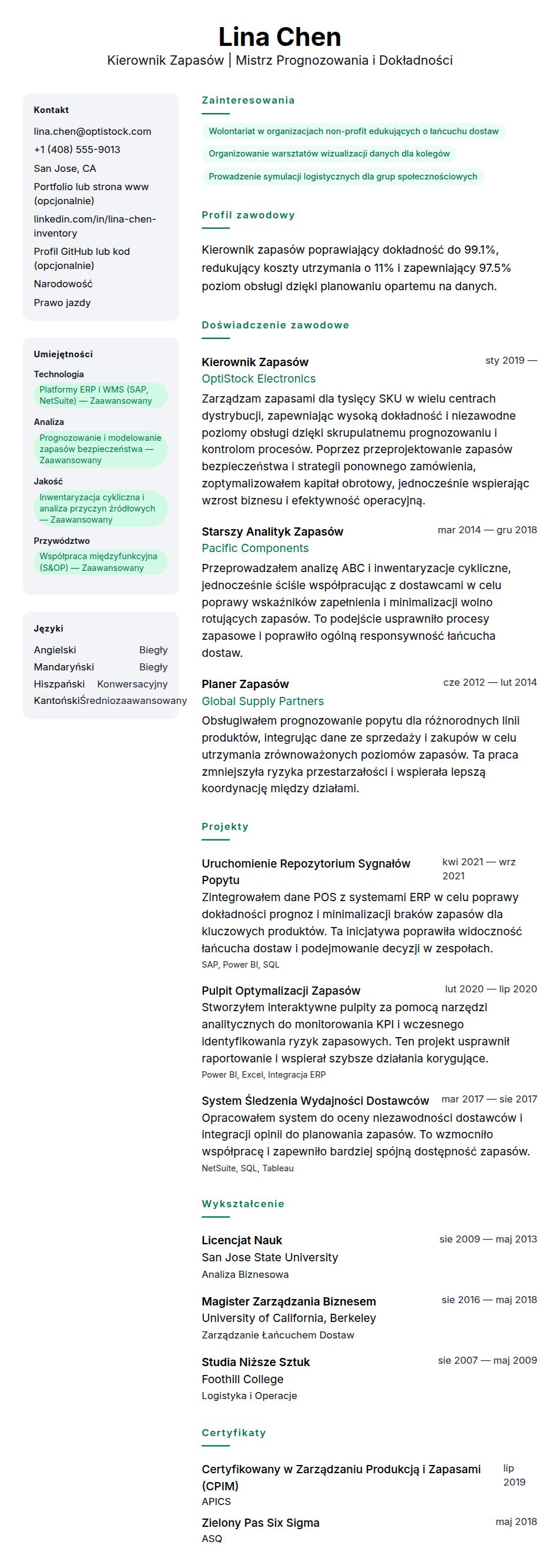 Podgląd CV Przykładowe CV Kierownika Zapasów